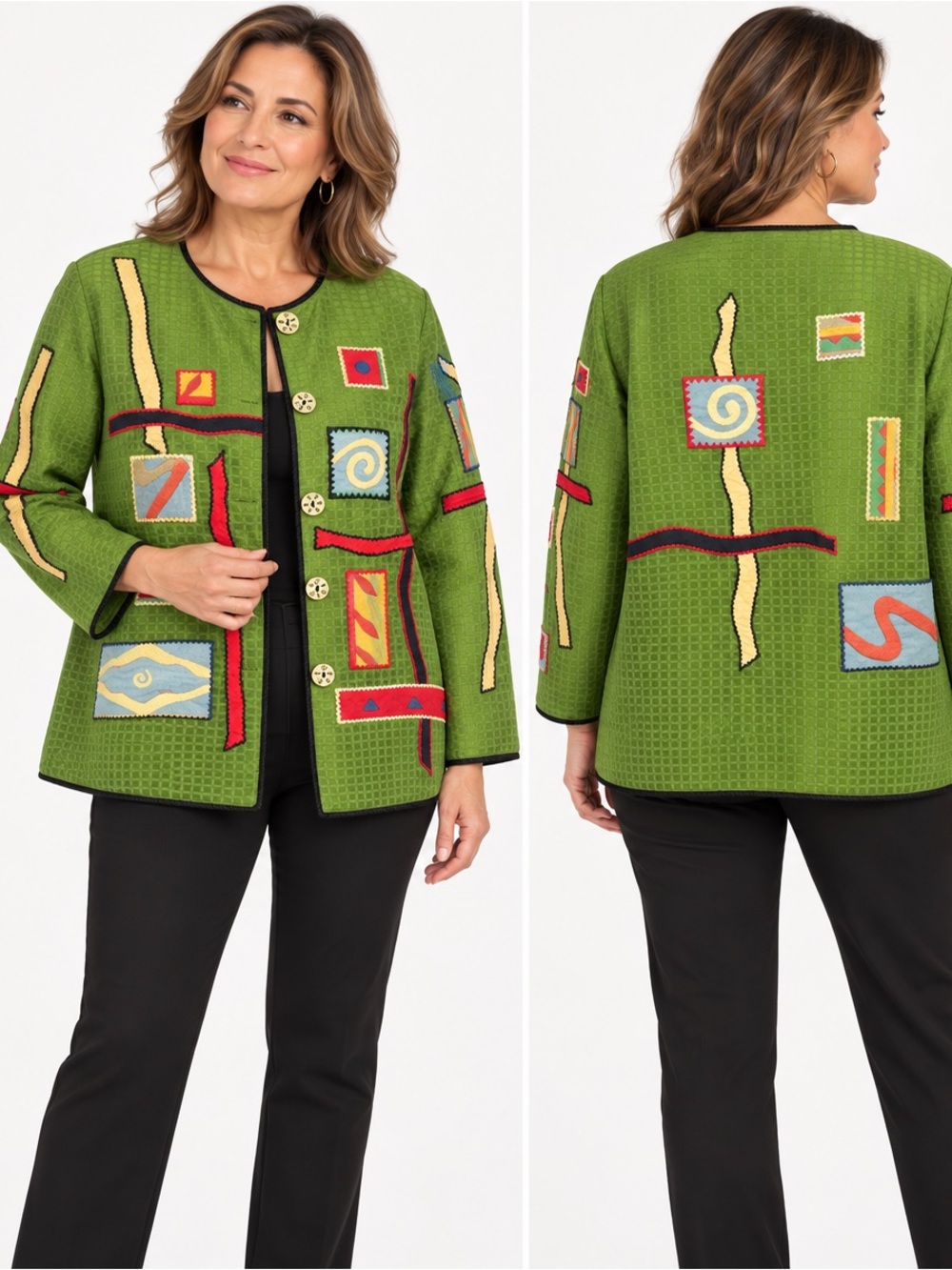 Vintage Maggie Barnes Wearable Art Jacket Abstract Green Boho Lagenlook XL